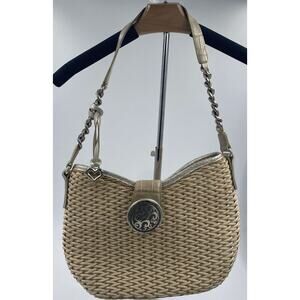 Brighton Jani Straw and Patent Leather Shoulder Bag with Medallion Clasp